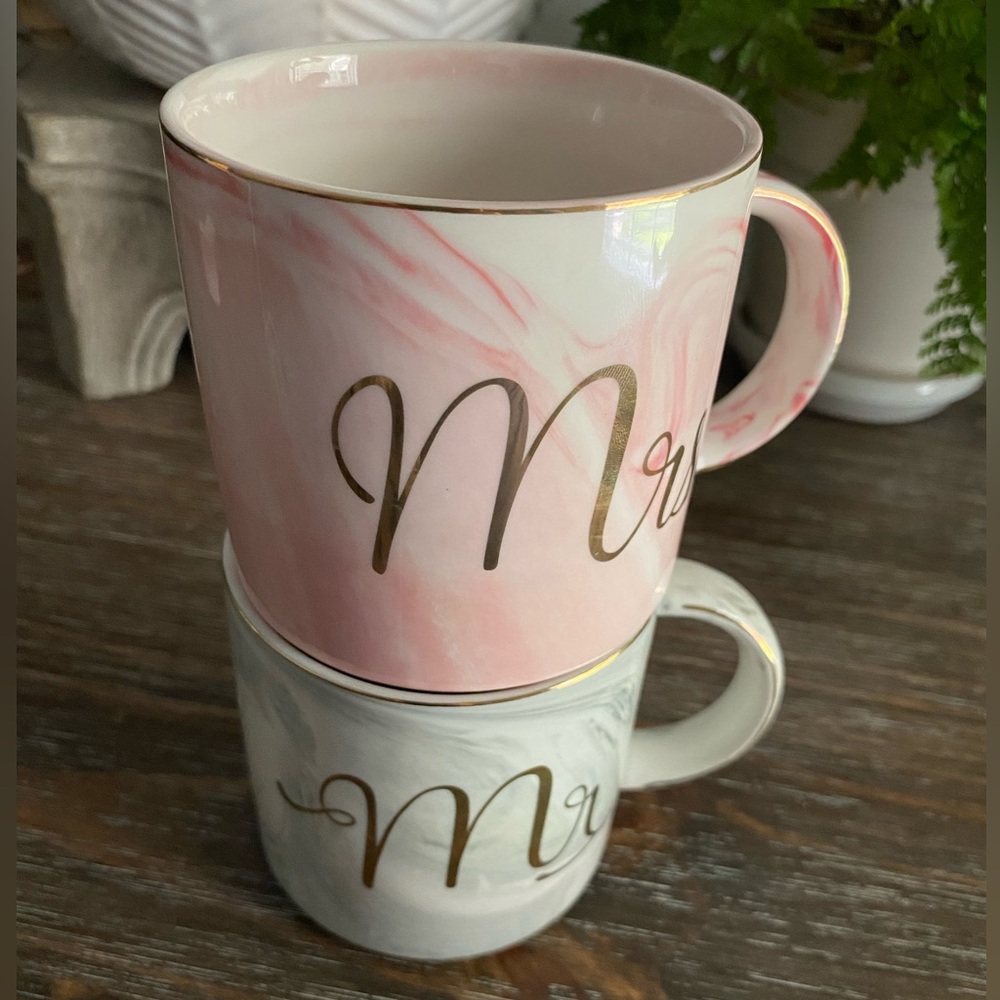 Mr. & Mrs. Marbled Gold Rimmed Pink & Grey Mugs Wedding Gift Mug Set